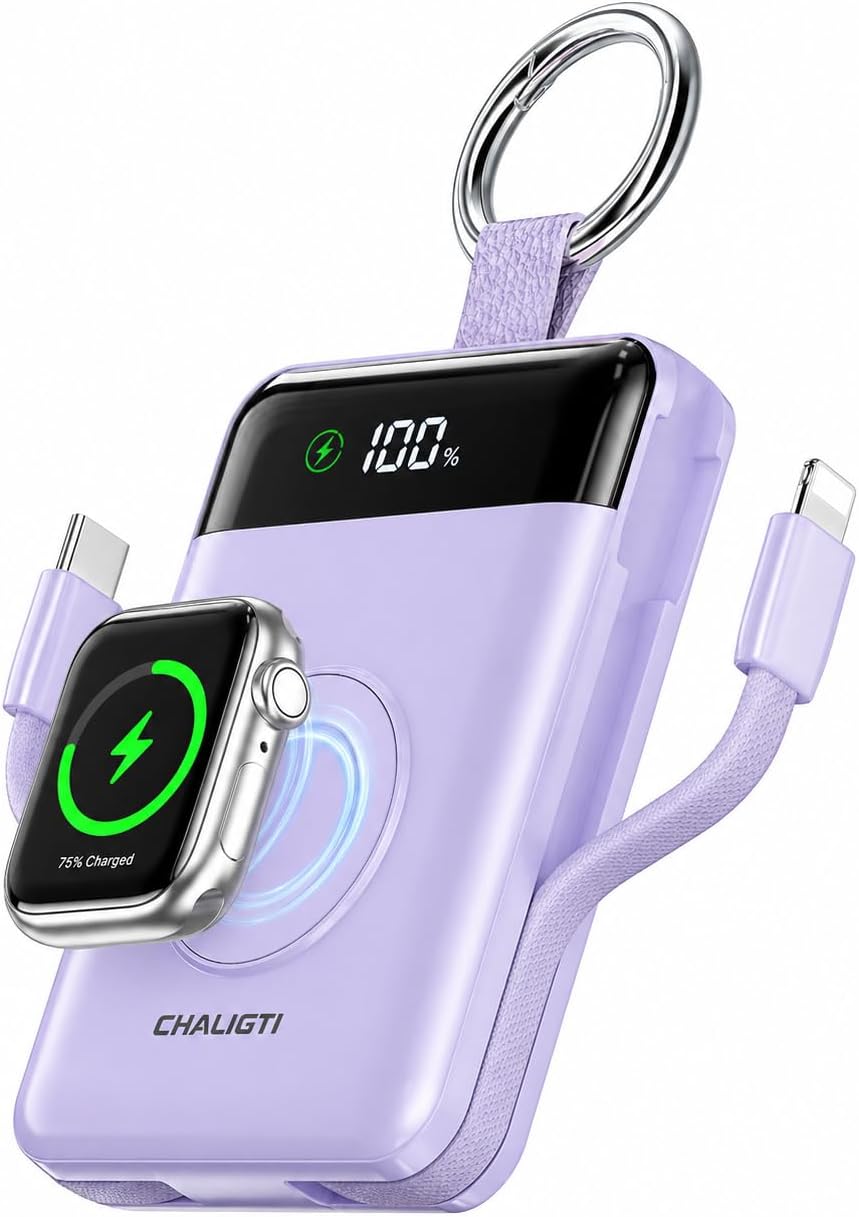 5000mAh Portable Charger with LED Display,20W Super Fast Charging | Power Bank with Built-in Cables,Travel Keychain Battery Pack for Apple Watch Series,iPhone Air/17/16/15/14/13/12,Purple