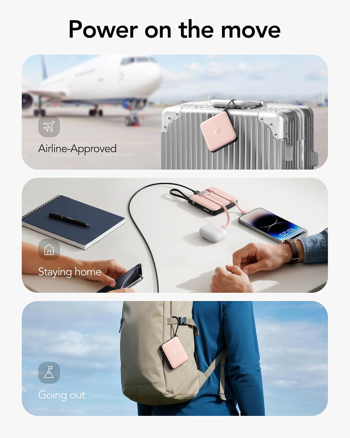 VRURC Portable Charger for iPhone Built-in Cables, 22.5W USB C Fast Charging 10000mAh Pocket Power Bank, Battery Pack for iPhone 17/16/15 & Samsung Galaxy Android Phone, Pink(1 Pack)