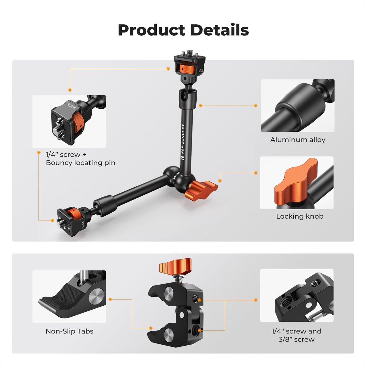 K&F CONCEPT 11" Magic Arm Clamp with Clamp ARRI 1/4" & 3/8" Thread Screw | 360° Ball Heads Arm with Clamp Mount for Monitor, LED Light, Webcam, Action Camera, MS33