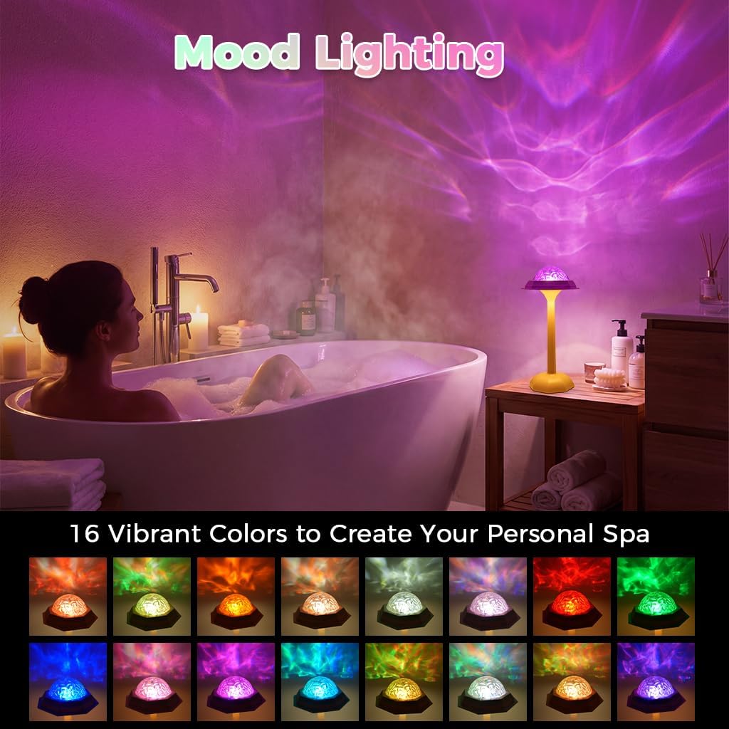 RICHMYC Waterproof Shower Lamp, 16 Colors Ocean Wave Projector with Remote | Cordless Rechargeable Night Light, Ambient Mood Lighting for Inside Shower, Bathroom, Bathtub, Spa