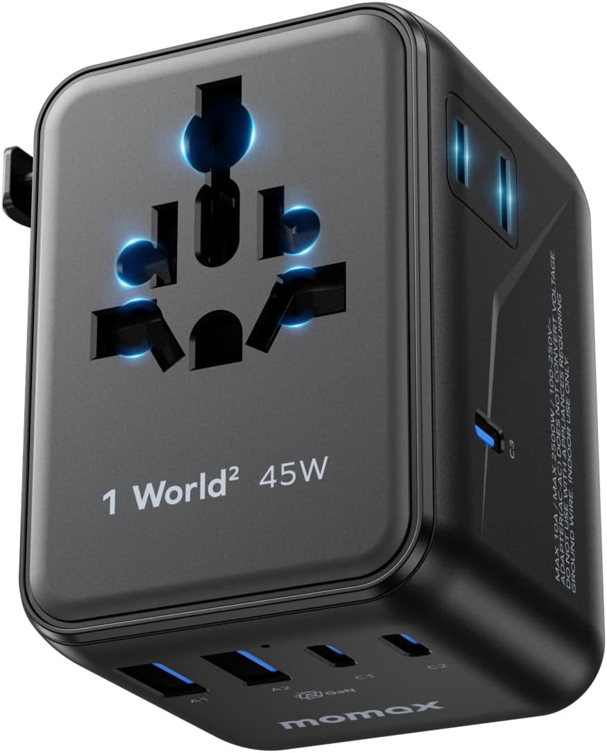 MOMAX Universal Travel Adapter Worldwide 170W GaN, 3 USB-C PD & 1 USB-A QC International Power Adapter for Laptop Fast Charging, European Travel Plug Adapter for UK/US/AUS/JP, Travel Essentials