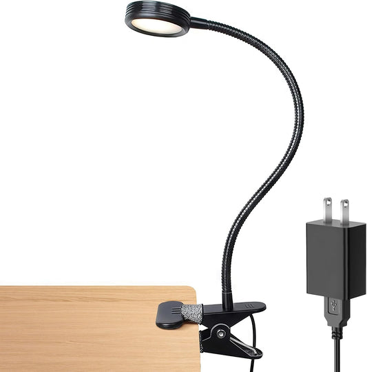 LEPOWER Clip on Light, Book Reading Lamp for Desk, Bed Headboard and Dorm | Adjustable Gooseneck, Color & Brightness Changeable, Adapter Included, LED Table Lamp for Computer, Bedside, Metal, Black