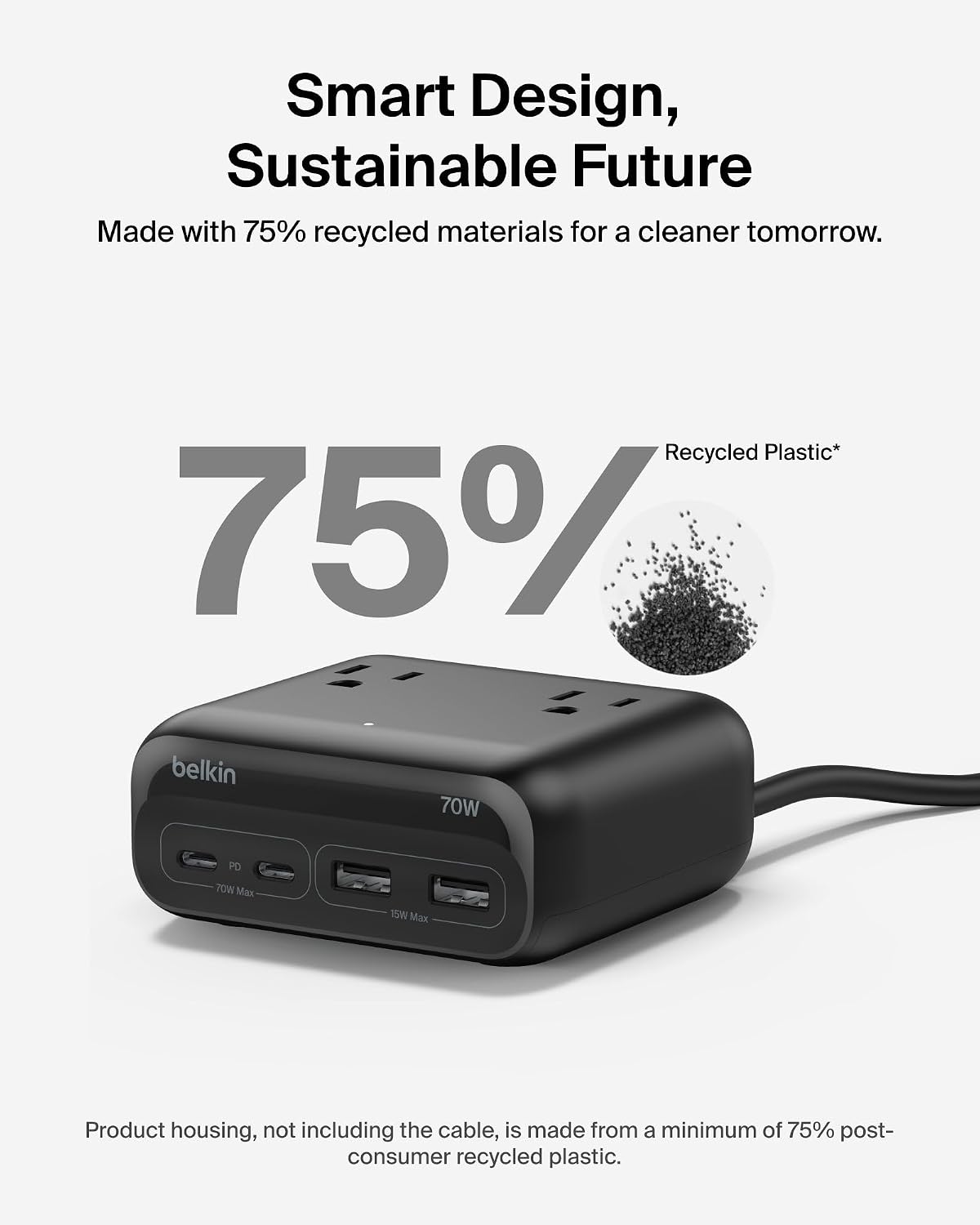 Belkin 70W GaN 7 in 1 Charging Station, 3X AC, 2X USB A, & 2X USB C Ports | Power strip, dual USB-C charger, iPhone 17/16/15, Apple Watch, iPad, MacBook, Samsung Galaxy S26, Pixel 10