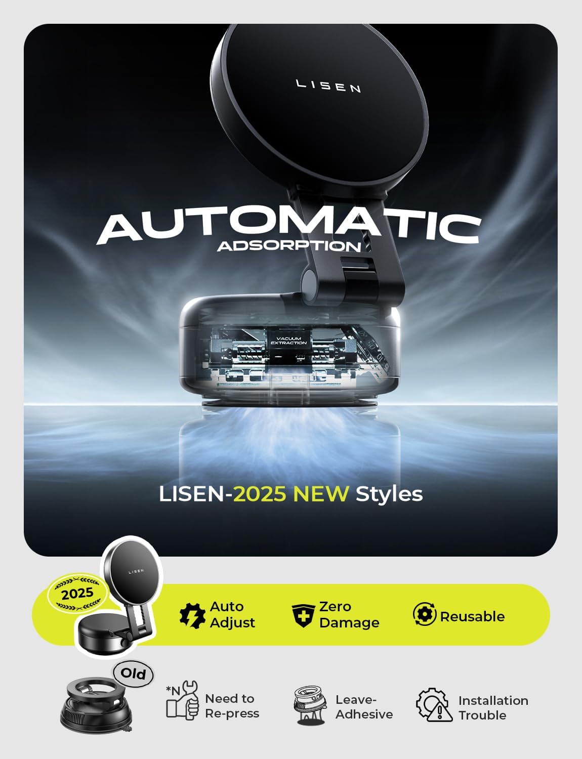 LISEN Portable for iPhone 17 Electric Vacuum Suction Phone Holder for Car MagSafe, Magnetic Phone Holder for Car Suction Cup Phone Mount Foldable for iPhone 17 Pro Max Air /16/15/14/13/12 Kits