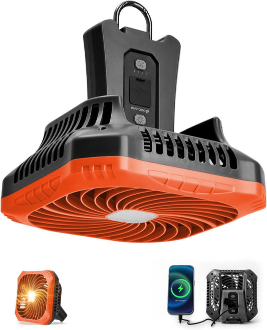Odoland Portable Camping Fan with LED Lantern, 40H Rechargeable Battery Fan | Quiet Tent Fan with Hanging Hook for RV Car Beach Outdoor Hurricane Emergency Outages, 4-Speed Wind & 3-Color Light