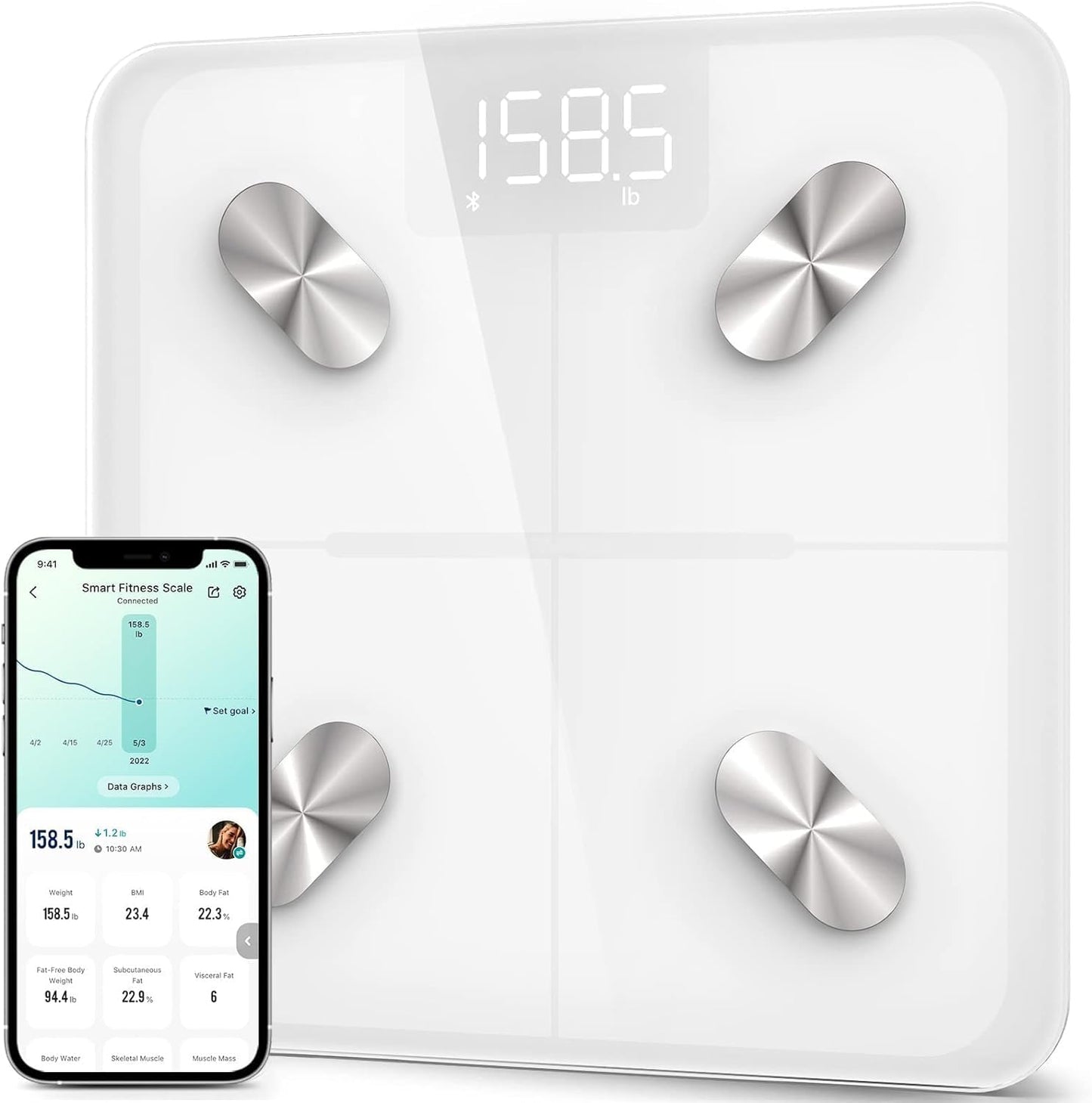Etekcity Smart Scale for Body Weight, BMI, Body Fat, Bluetooth, White | Measures BMI, body fat, muscle mass and body composition, with Bluetooth app sync for convenient bathroom and home tracking