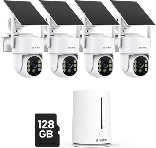 ANNKE 4MP Solar Security Cameras Wireless Outdoor, 4-Cam Home Camera System | 5MP Home Hub with 128GB for Local Storage, 360° View, AI Human Detection, Color Night Vision, Two-Way Audio, Dual-Band Wi-Fi