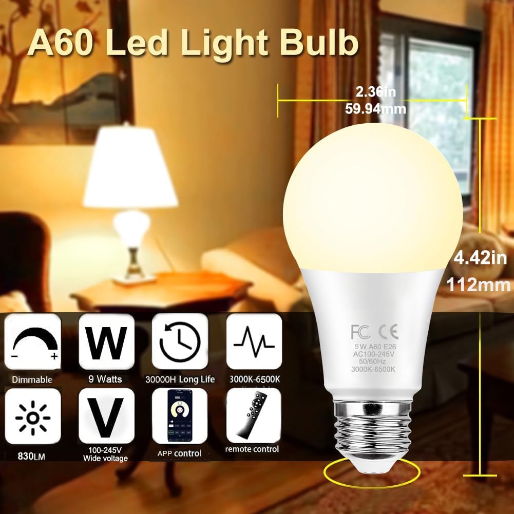 GRV E26 A60 9W Smart LED Light Bulb with a 2.4GHz Remote Control,Color Changing Led Bulbs,Stepless Dimmable 2700K-6500K,60W Incandescent Lamp Equivalent,800Lumens,Home Decor,1 Bulb & 1 Remote
