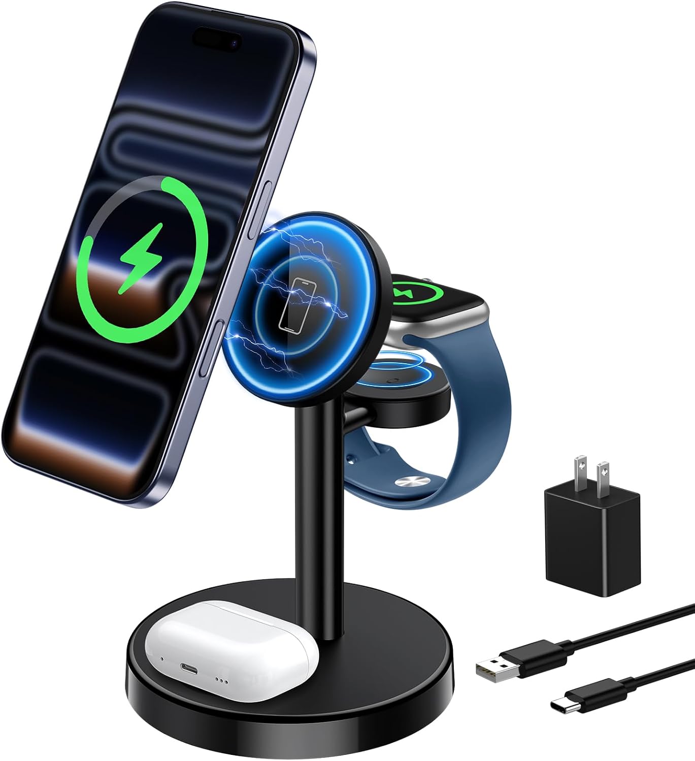 Aeinidi 3 in 1 Fast Wireless Charging Station for Apple, 15W Strong Magnetic Charging Stand Compatible with MagSafe Charger for iPhone 17 16 15 14 13 12 Apple Watch AirPods Series, Adapter Included