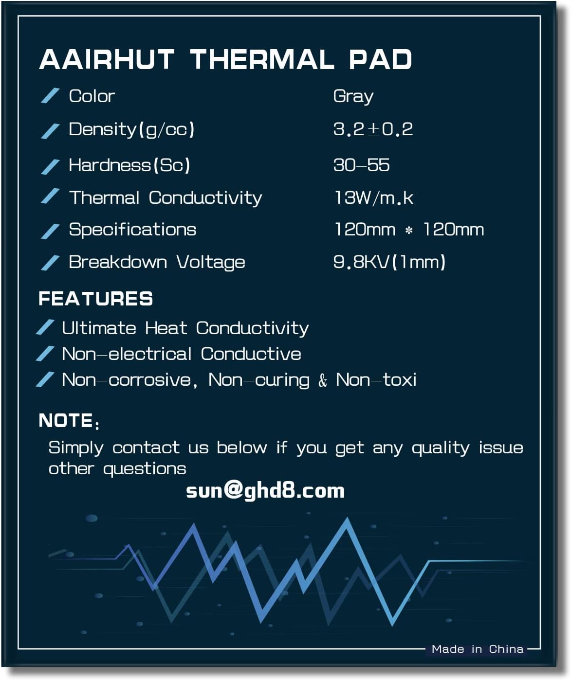 Aairhut Thermal Pad 13W/m.K, 120x120x1mm Silicone Cooling Pad GPU CPU Non-Conductive Heat Resistance Soft Sticky Cover with Dual Self-Adhesive Films for PC Laptop Heatsink/GPU/PS5/Macbook/Graphics