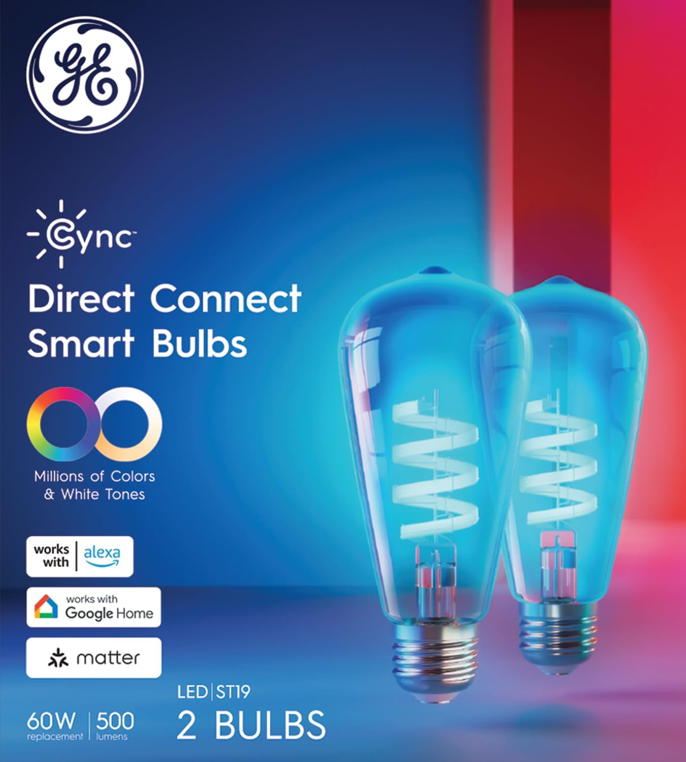 Cync GE Smart LED Light Bulb, ST19 Edison Style | Color Changing WiFi Light, 60W Equivalent, Compatible with Alexa and Google Home, Full Color, Works With Matter, 2 Pack