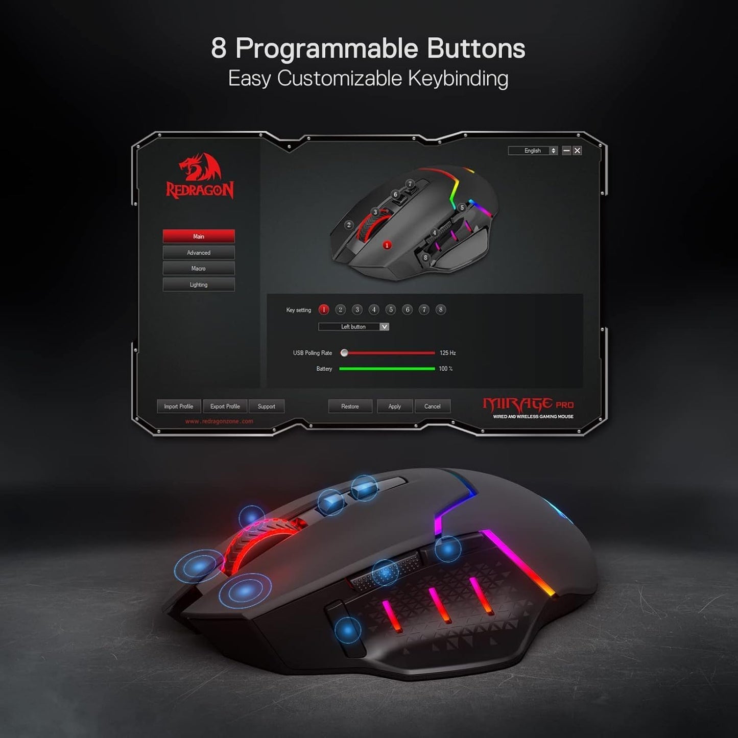 Redragon M690 PRO Wireless RGB Gaming Mouse 8000 DPI Remapping Keys | Cable-Free 0 Delay, Rapid-Fire Macro Keybinds, Vibing Backlight, Ergonomic Grip Body Comfort