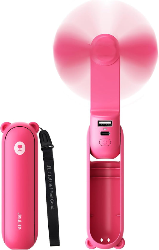 JISULIFE 3 IN 1 Portable Fan with Power Bank & Flashlight Featured | 19H Max Cooling, USB Rechargeable, Pocket-Sized Handheld Fan for Travel, Cruise, Concerts, Makeup, Summer Gifts for Women
