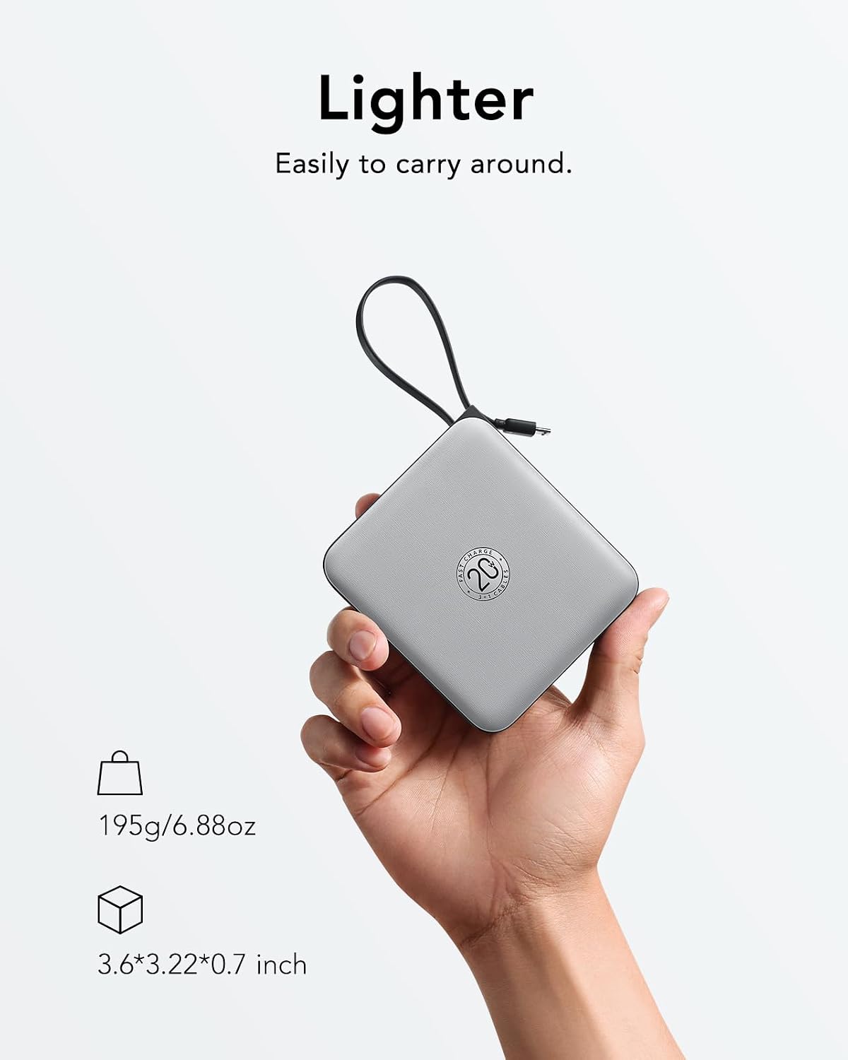 VRURC Portable Charger with Built-in Cables, 10000mAh 22.5W Fast Charging | Compact Battery Pack with LED Display, Cell Phone Power Bank for iPhone 17/16/15 Series , Samsung Galaxy & USB-C Devices,Grey