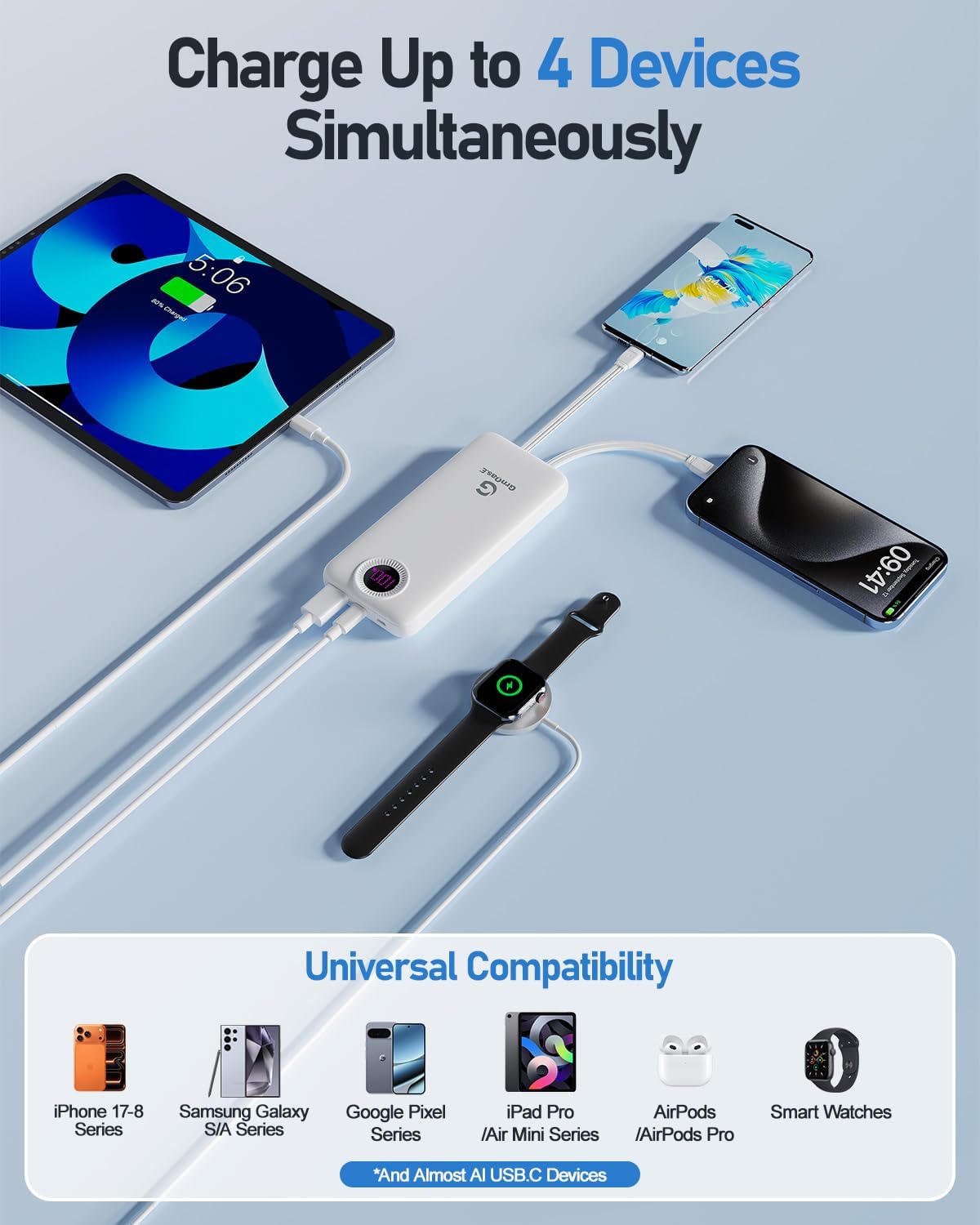 Portable Charger with Built in Cables，10000mAh 22.5W Max High-Speed Charging Power Bank with 4 Outputs 2 Inputs,External Travel Battery Pack for iPhones Android,iPad (Pearl White)