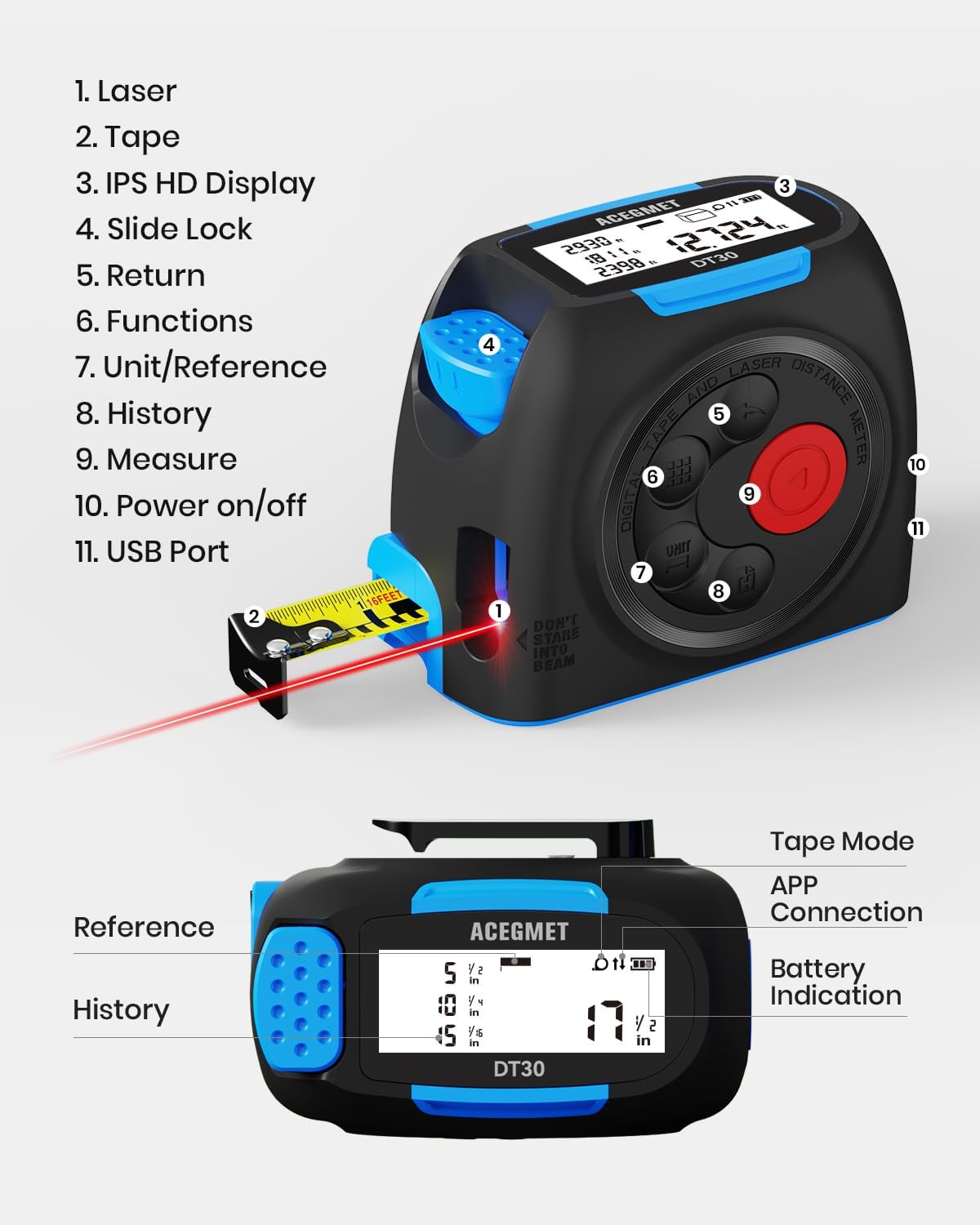 3-in-1 Digital Tape Measure, 130ft Laser Distance Meter and 16ft Auto-Lock Measuring Tape, Smart App Sync for Floor Planning, ±1/16" High Precision, 2" Backlit LCD, USB-C Rechargeable, IP54