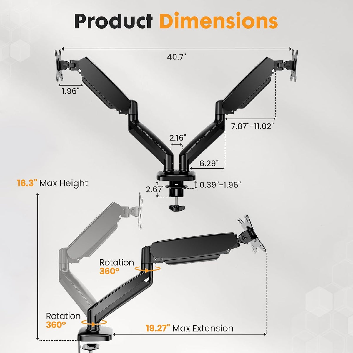 DUMOS Dual Monitor Mount for Desk, Gas Spring Monitor Arm for 2 Monitors Max 32 Inches, Fully Adjustable Double VESA Mount with C-Clamp/Grommet Base, Holds Screen 17.6 lbs