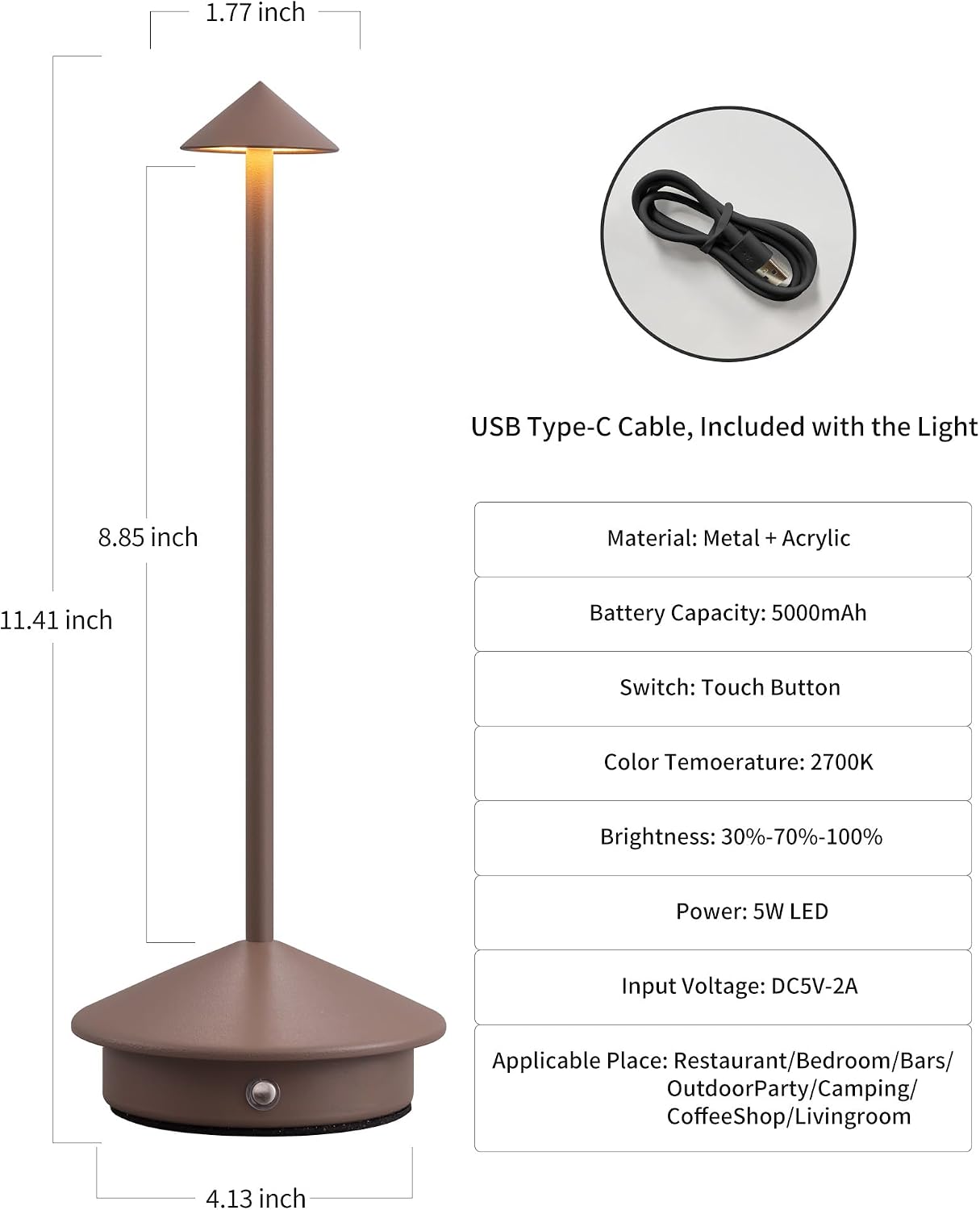 Modern Cordless Table Lamp Set of 2, Brown Portable LED Desk Lamps | 5000mAh, Rechargeable, Battery Operated Lighting for Bedroom, Dining Room, Restaurant, Coffee Shop, Camping, Night Light