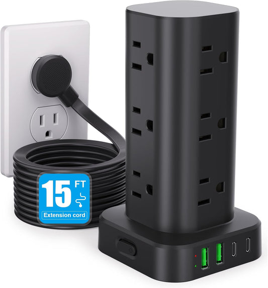 15FT Power Strip Tower Surge Protector, 12 Wide Spaced Outlets, 4 USB