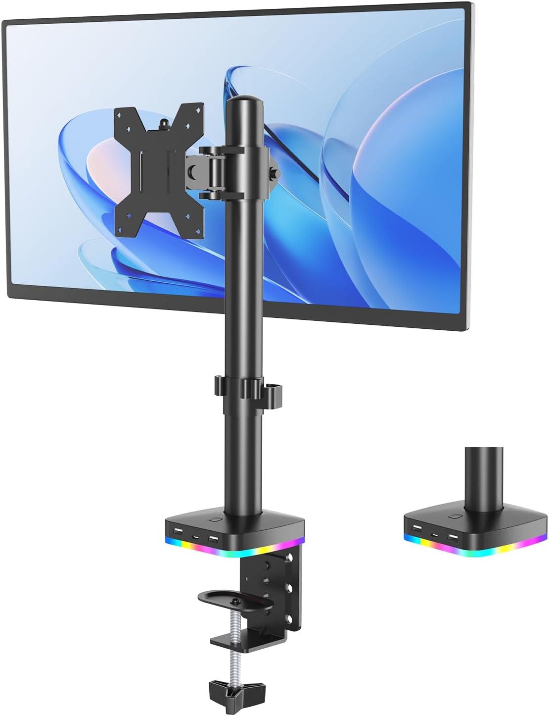 Afaloona RGB Monitor Stand with USB Hub for 13-27" Monitors, up to 17.6 lbs | Single monitor mount with 1 USB-C and 2 USB-A ports supports charging and data transfer for gaming desks and workstations