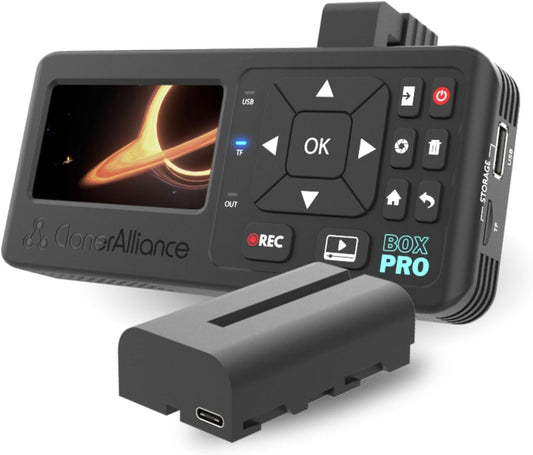 ClonerAlliance Box Pro Pocket, Portable 1080p60fps Video Capture Device & Recorder with Built-in Screen, Battery Power, and Support for HDMI, RCA, YPbPr, VGA Inputs.