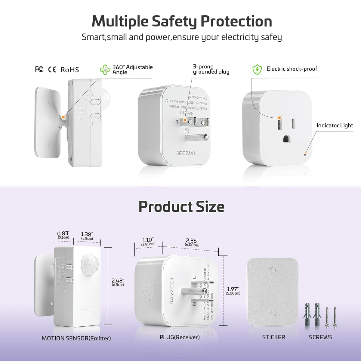 RAYZEEK Wireless Motion Sensor Plug Kits,No-Wire Mini PIR Sensor Switch Control Plug to Auto Turn On/Off Electrical Devices,10A/1100W for Christmas Lights,Fans,Household Appliances