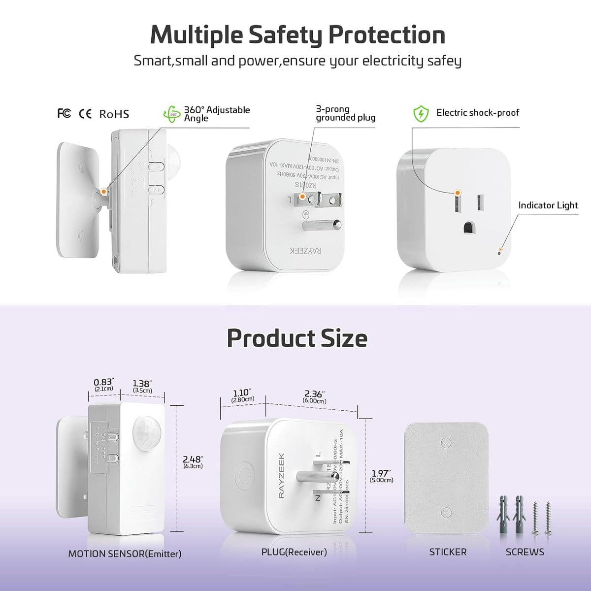 RAYZEEK Wireless Motion Sensor Control Outlet with Light Sensor,No WiFi/No APP, 2 PIR Sensor Switch Control 1 Plug for Christmas Tree Lights,Fans,Household Appliances,10A/1100W