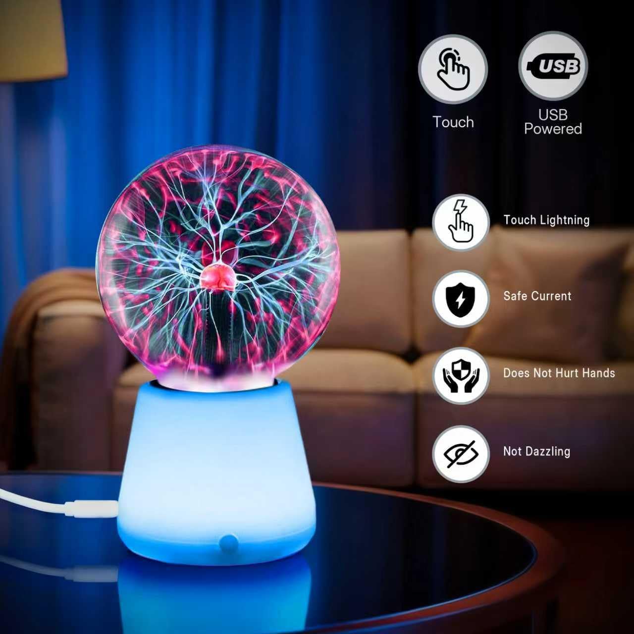 Plasma Ball Lamp 3-Inch, Touch Reactive Lightning Globe, USB-C Powered Electric Plasma Ball, 7-Color LED Base Night Light, Interactive STEM Science Toy, Desk Decor Gift