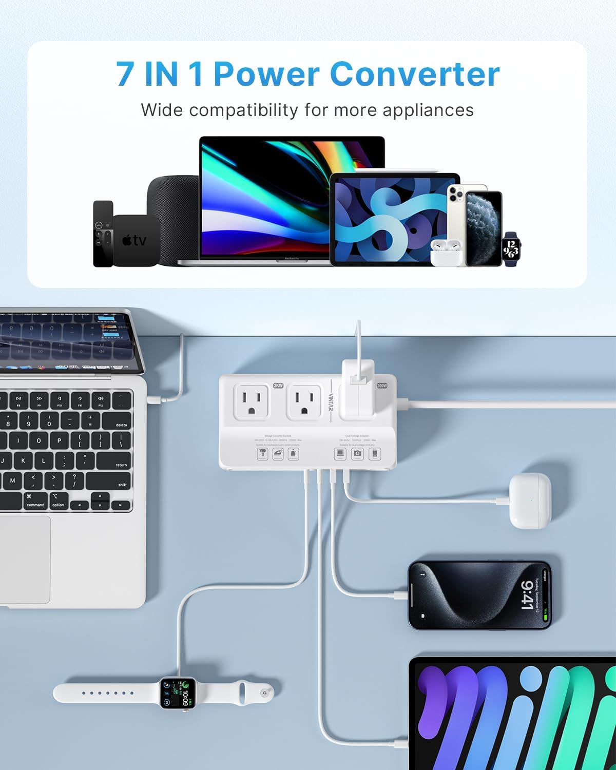 VINTAR 220V to 110V Converter, 2000W Travel Voltage Converter US to Europe | Universal Travel Adapter, 4 USB Ports(2 USB C), Step Down Transformer, Power Converter Adapter Combo for EU UK JP AU India SA