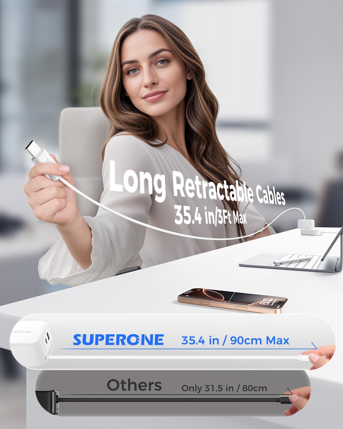 Retractable iPhone Charger, 4 in 1 USB C Charger Block | Retractable Chargers Fast Charging with USB C & Apple Cable, Wall Chargers for iPhones 17/16/15/14/13/12, Pad, Samsung, Pixel