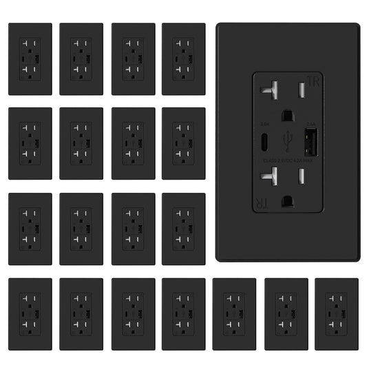 ELEGRP USB Wall Outlet, USB A & C Ports, 20 Amp Duplex Tamper Resistant Receptacle Plug NEMA 5-20R, Wall Plate Included, UL Listed, 20 Pack, Matte Black
