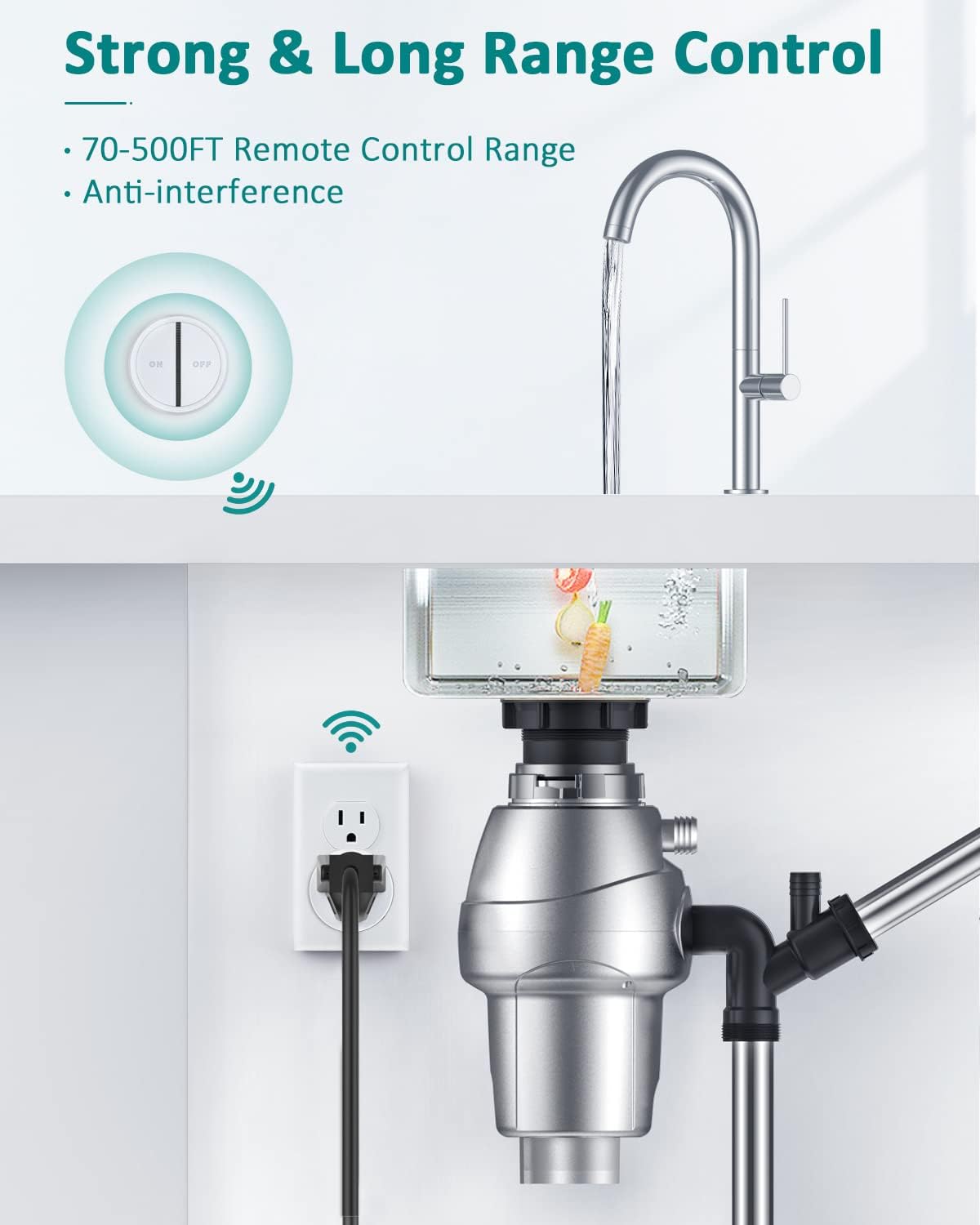 Garbage Disposal Switch, Wireless Garbage Disposal Switch, Garbage Disposal Button with 15A/1500W/4000V Anti-Surge for 500ft RF Range Magnetic Base Smart Plugs