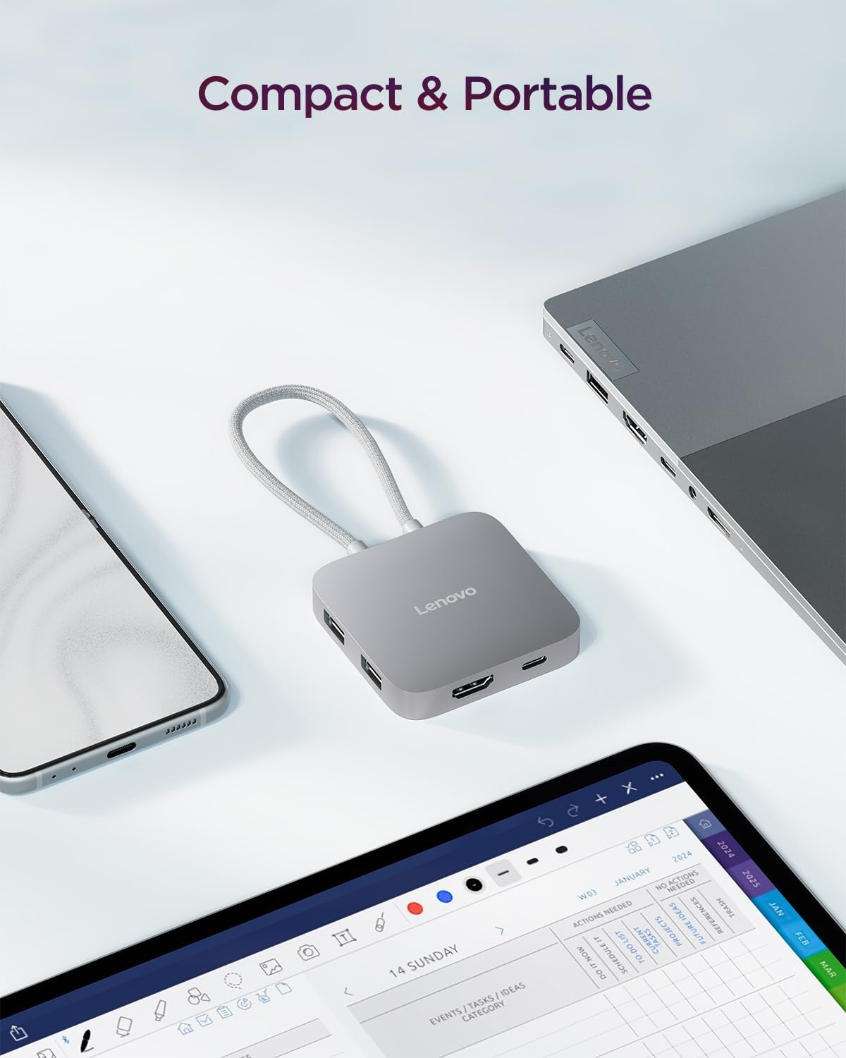 Lenovo USB-C 5-in-1 Travel Hub, 90W Power Delivery, 4K 60Hz HDMI, Dual USB-C and USB-A Ports, Plug and Play, Compact, Silver Grey