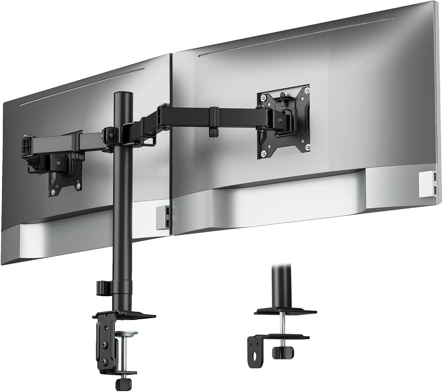 monTEK Heavy-Duty Dual Monitor Stand for 17-32", 22 lbs Each | Adjustable dual monitor mount, full-motion arms, clamp/grommet bases, cable management and VESA 75/100