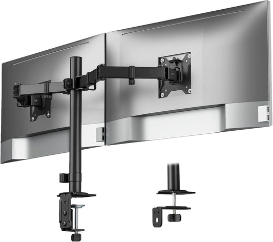 monTEK Heavy-Duty Dual Monitor Stand for 17-32", 22 lbs Each | Adjustable dual monitor mount, full-motion arms, clamp/grommet bases, cable management and VESA 75/100