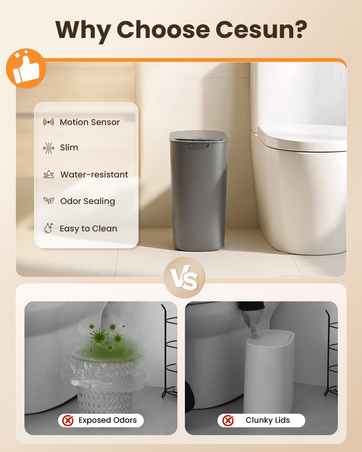 Cesun 5 Gallon Automatic Bathroom Trash Can with Lid, Grey, Touchless