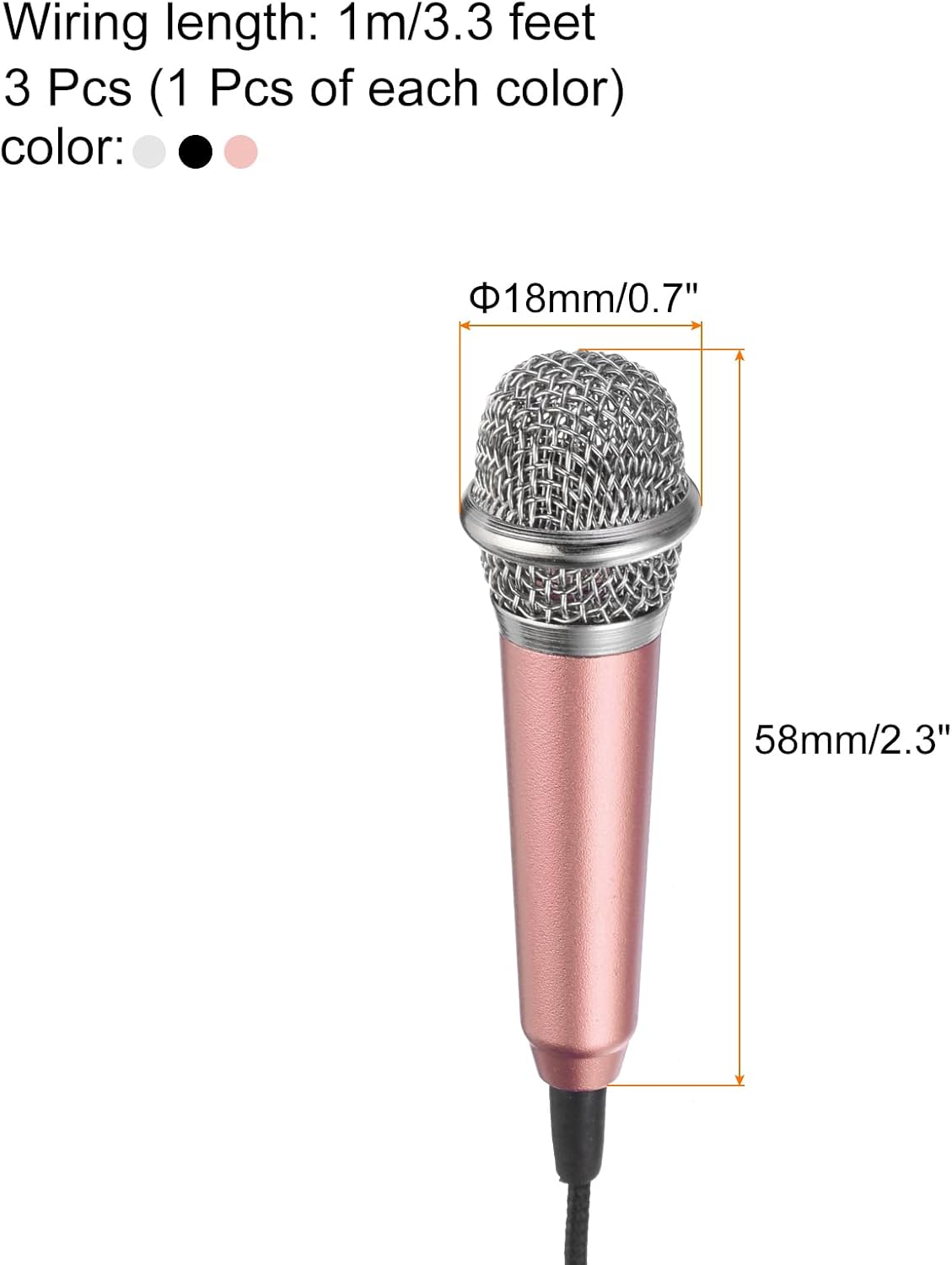 MECCANIXITY 3Pcs Mini Microphone Tiny Microphone Portable Microphone with Earphone for Singing Voice Recording Video for Phone Silver, Rose Red, Black