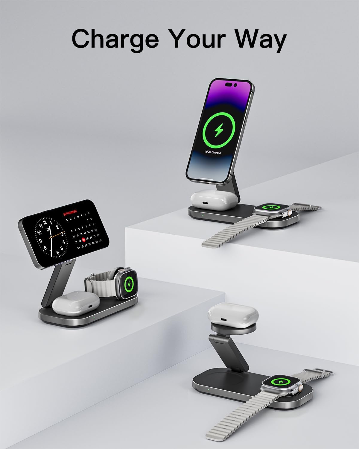 Keepro 3-in-1 Charging Station for Apple Device, Foldable Magnetic Wireless Fast Charger Stand Compatible with MagSafe for iPhone 17e/17/16/15/14/13/12/Air Series, Apple Watch & AirPods-Black