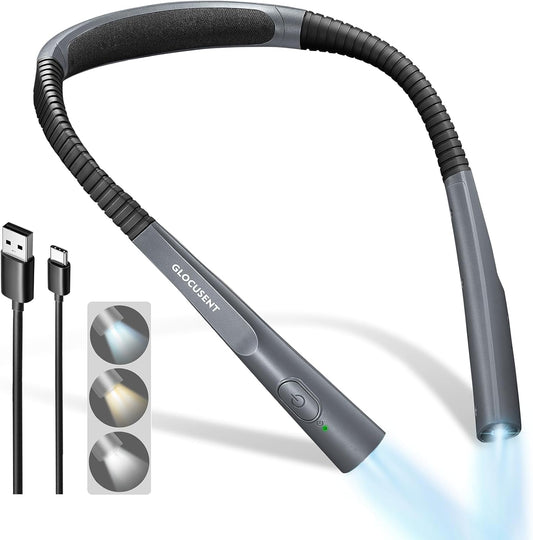 Glocusent Upgraded LED Neck Reading Light, Book Light for Reading in Bed | 30-min Timer, 3 Colors & 3 Brightness, Rechargeable, Eye-Caring Perfect for Women, Knitting,Crocheting, Repairing,Christmas