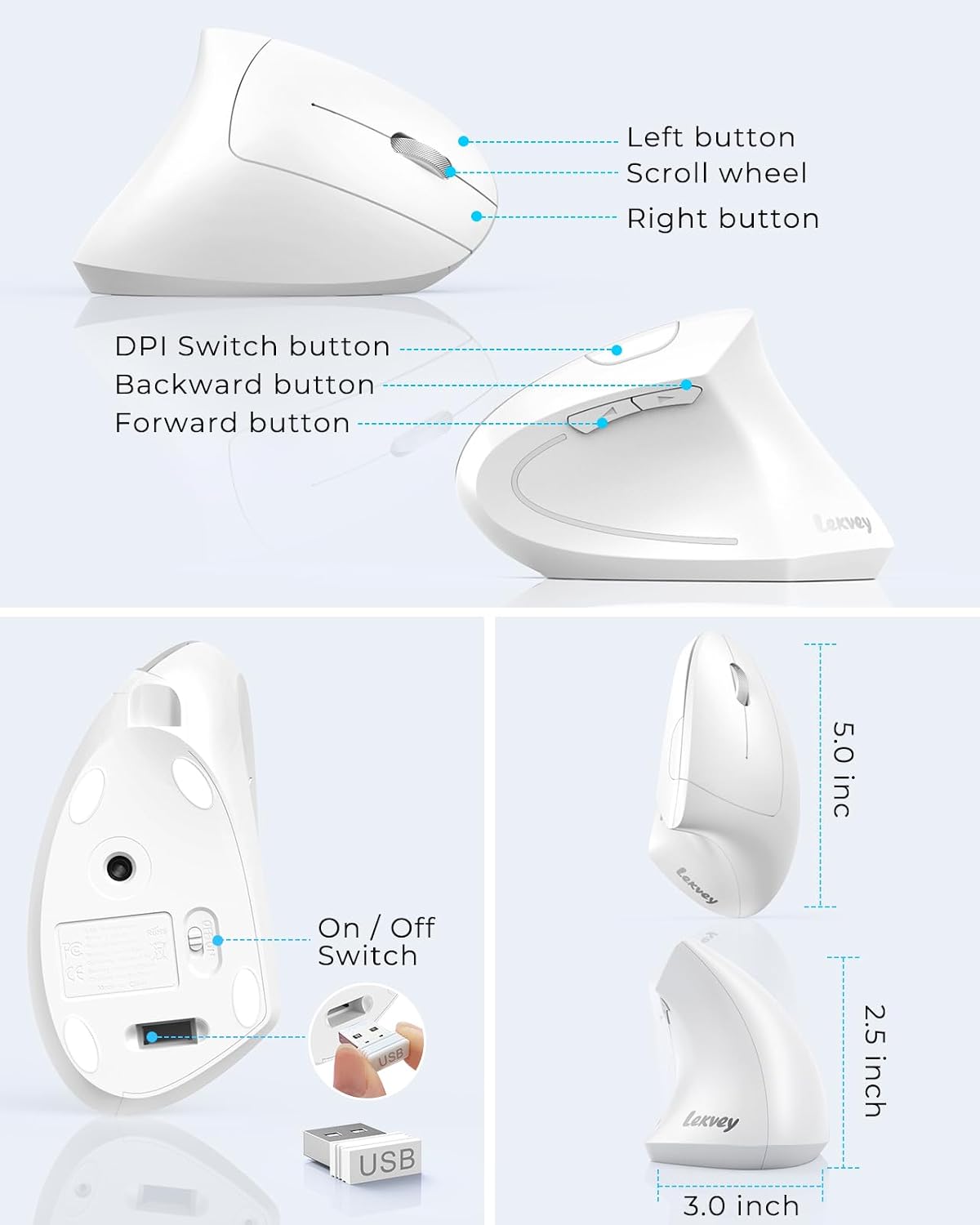 Lekvey Ergonomic Mouse, Rechargeable Vertical Wireless Mouse, White