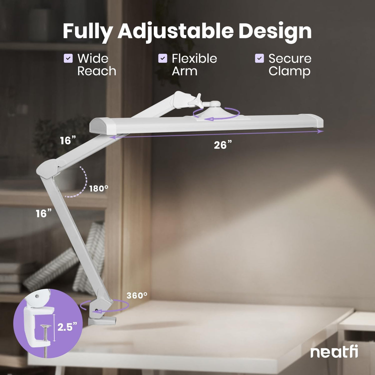 Neatfi Ultra 3,500 Lumens LED Desk Lamp with Clamp – 45W, 270 SMD LEDs, Shadow-Free | Adjustable Brightness | Task Light for Nail Tech, Crafts, Reading, Office & Workbench (White, 26-Inch Wide Shade)
