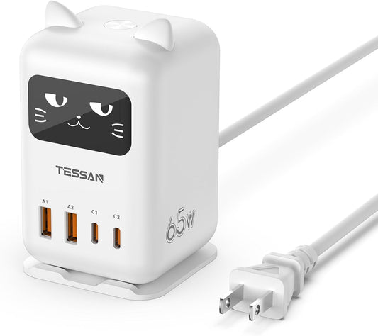 USB C Charger Block PD 65W, TESSAN Charging Station for Multiple Devices | Desktop Tower Charger with 4 USB Ports for iPhone 17/16/15, MacBook, Tablet, Office Home Dormroom, White