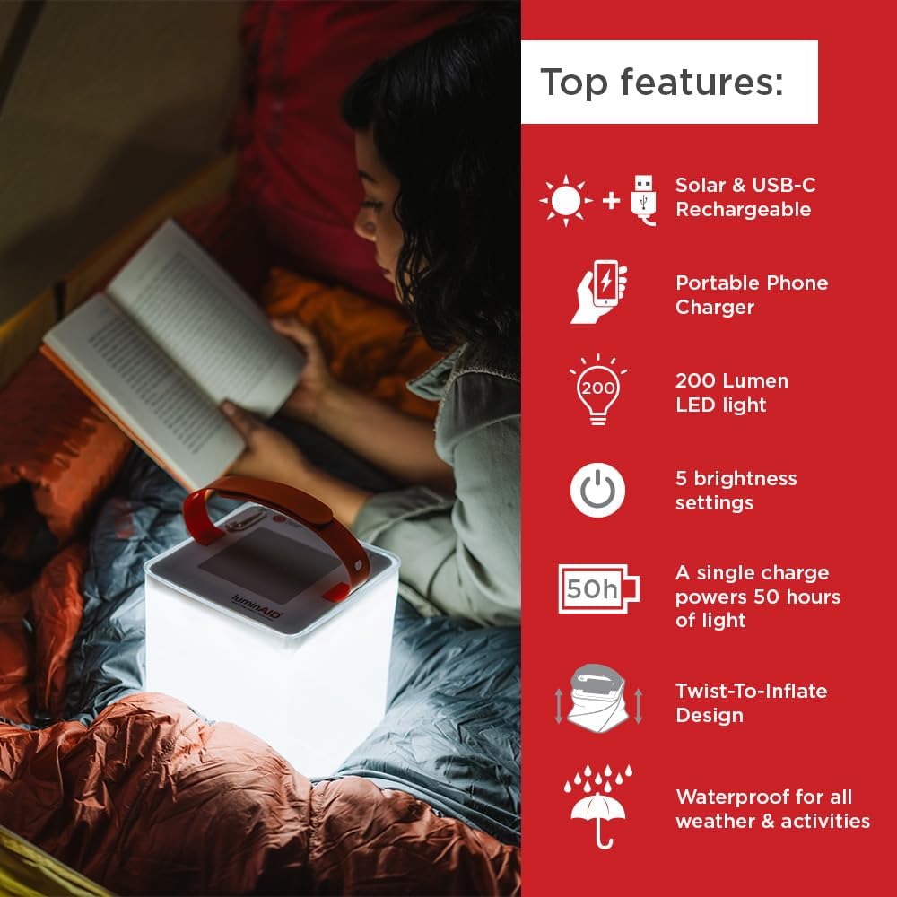 LuminAID Max 2-in-1 Inflatable Solar LED Camping Lantern & Phone Charger | 200 Lumens, Twist-to-Inflate Design, Waterproof, Camping, Hiking & Travel, Emergency Light for Power Outages, Hurricane