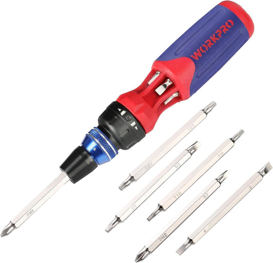 WORKPRO 12-in-1 Ratcheting Multi-Bit Screwdriver Set | Quick-load Mechanism Screwdriver with Double End Bits in Handle