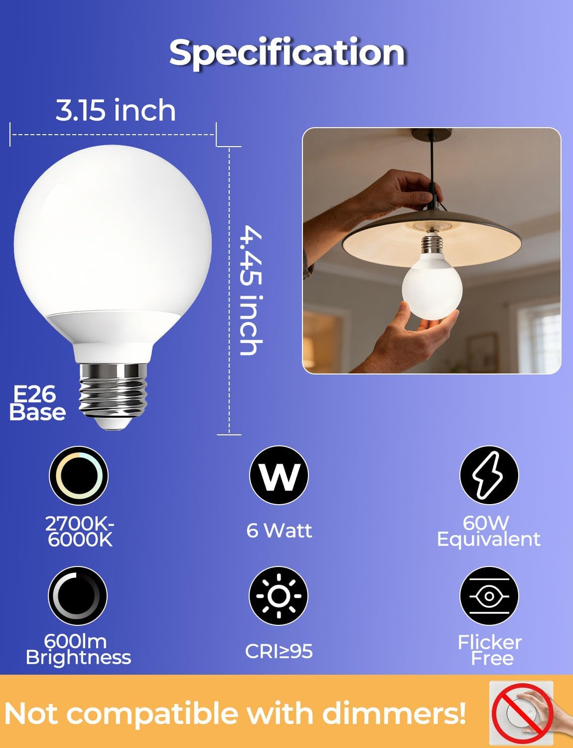 ILC G25 Globe Light Bulbs,BRMESH App-Controlled Bluetooth Mesh LED 6W Round Bulb, 60W Equivatlent, 600LM, CCT: 2700K-6000K, CRI>95+, E26 Base, 120V for Pendant fixtures, Vanity, Bathroom (6 Pack)