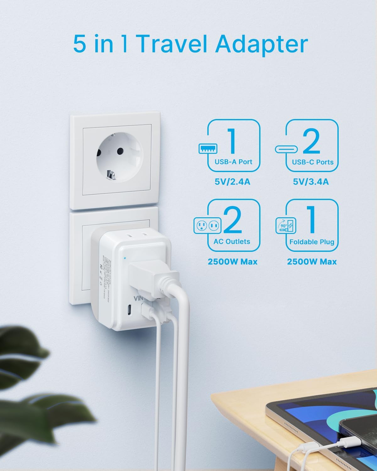 VINTAR 2 Pack European Travel Plug Adapter, Type C Foldable Power Adaptor | 2 AC Outlets 3 USB Charging Ports(2 USB C), International Power Adapter for US to Most Europe EU Italy Spain France Germany