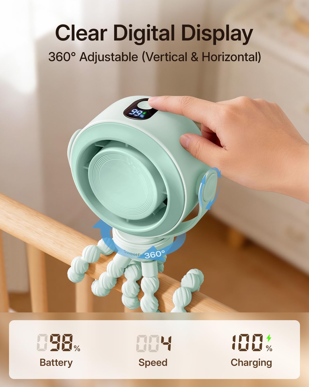 SWEETFULL Portable Stroller Fan, Pinch-Proof Baby Fan - Green | Wide Turbine Airflow; Safe Design; LED Display; 5-Speed; 30dB Quiet; USB-C Rechargeable; Mini Clip On Fan for Car Seat & Bed