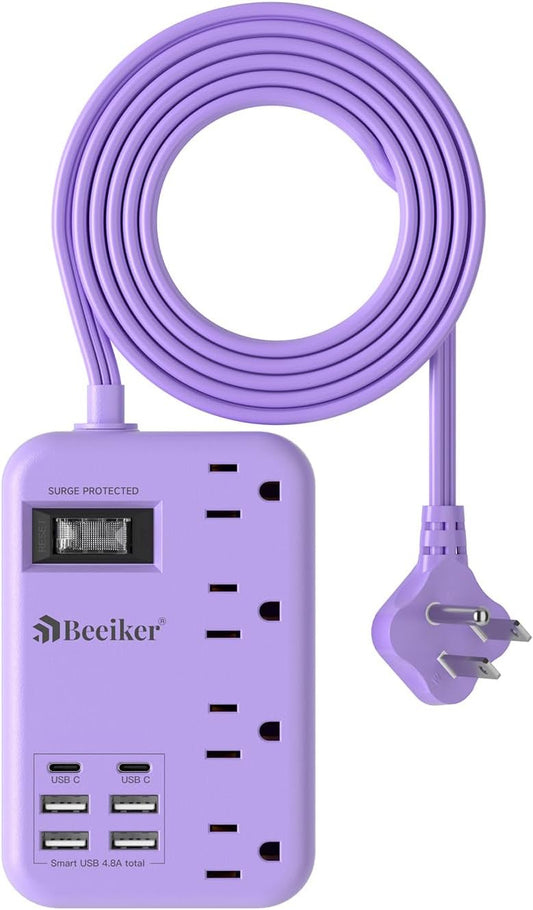 6 USB (2 USB C) Purple Travel Power Strip,5 Feet Lavender Extension Cord
