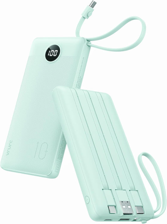 VRURC Power Bank with Built-in Cables,USB C Portable Charger for iPhone | 10000mAh Slim Charging Bank with Lanyard, Perfect for Travel, Work, School and Daily Carry-Green