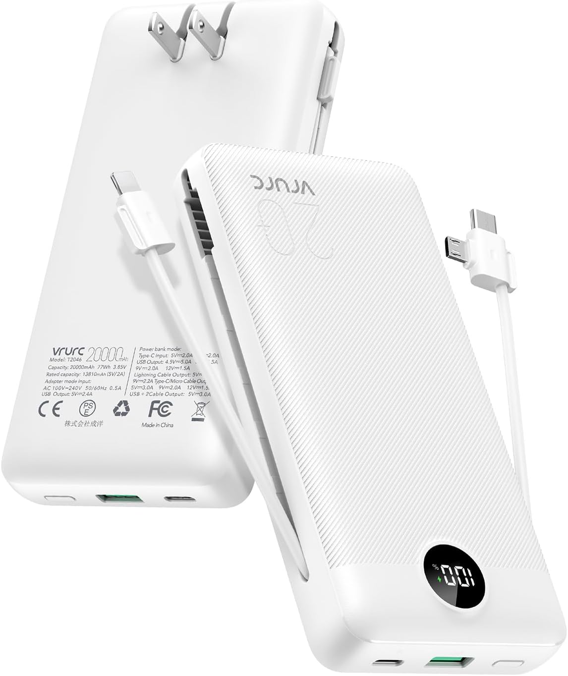 VRURC Power Bank 20000mAh, Fast Charging Portable Charger USB C,4 Output 2 Input Travel Essentials Charging Bank Equipped with LED Display,Built-in Wall Plug and Cables,Phone Charger Battery,White
